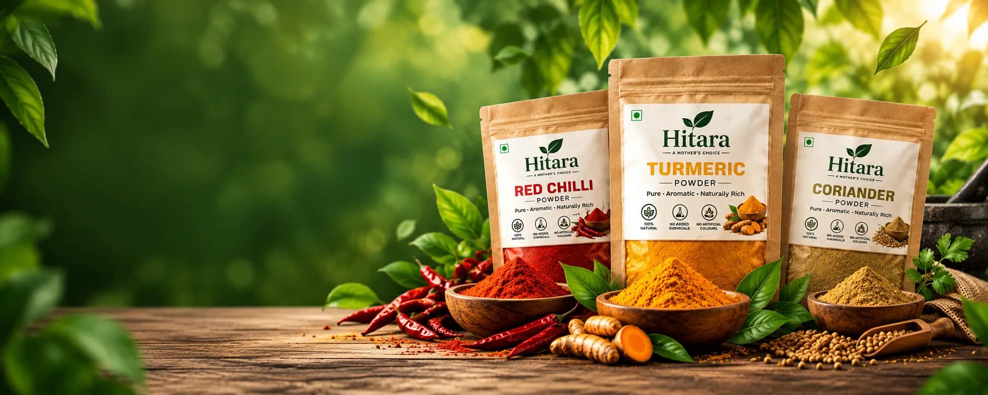 Hitara spices surrounded by fresh green leaves